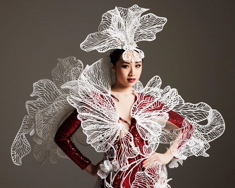 3d Costume Design, 3d Printing In Fashion, 3d Print Clothes, Miss Universe Stage, Stage Costume Design, Miss Universe National Costume, 3d Printed Fashion, 3d Printed Dress, Orchid Dress