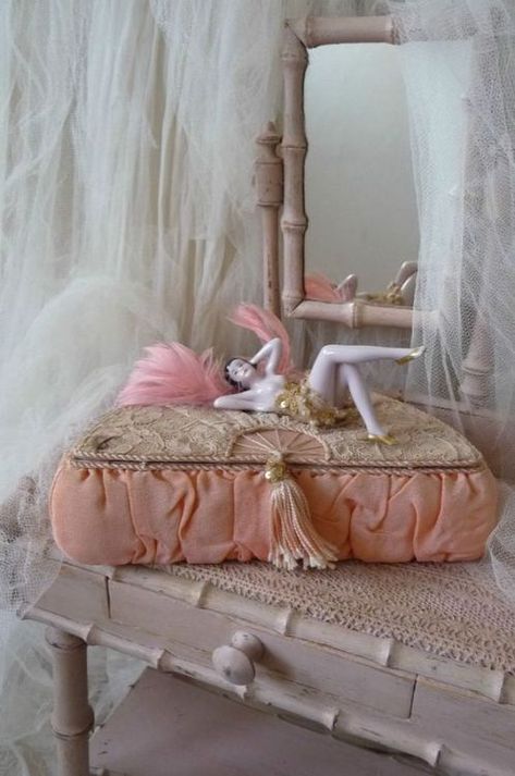 French Bed, Pink Palette, Half Dolls, Porcelain Lamp, Pin Doll, Silk Art, Vintage Kitsch, Vintage Vanity, Pin Cushion