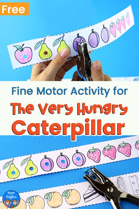 The Very Hungry Caterpillar activity - a fun way for preschoolers to practice fine motor and pre-reading skills. Include a free printable! #hungrycaterpillar #finemotor #preschool #booksandgiggles Caterpillar Activity, Caterpillar Preschool, Eric Carle Activities, Hungry Caterpillar Activities, Insects Preschool, Bugs Preschool, Fine Motor Activity, Preschool Fine Motor, Motor Skills Activities