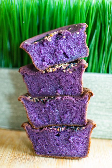 MUST TRY UBE PASTE Butter Mochi; made with lots of butter, sweet condensed milk, coconut cream Condensed Milk Mochi, Ube Mochi Muffin Recipe, Ube Muffins Recipe, Ube Sweetened Condensed Milk, Ube Mochi Brownies, Recipes Using Ube Condensed Milk, Ube Butter Mochi Recipe, Ube Condensed Milk Recipe, Ube Mochi Cake