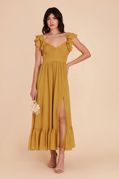 Michelle Chiffon Dress - Marigold Goldenrod Bridesmaid Dresses, Mustard Yellow Bridesmaid Dresses, Bridesmaid Aesthetic, Mustard Yellow Bridesmaid Dress, Marigold Bridesmaid, Marigold Bridesmaid Dress, Casual Bridesmaid, Guest Ideas, Ethereal Gown