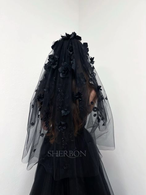 Made to order Veil made of soft black tulle, decorated with beaded appliques and 3D black flowers. Fingertip length. More info available on official website : sherbonclothing.com Gothic Wedding Veil, Gothic Wedding Headpiece, Black Wedding Viel, Veil Black, Goth Wedding Veil, Wedding Veils Black, Black Lace Veil, Goth Veil Wedding, Gothic Wedding Veil Headpieces