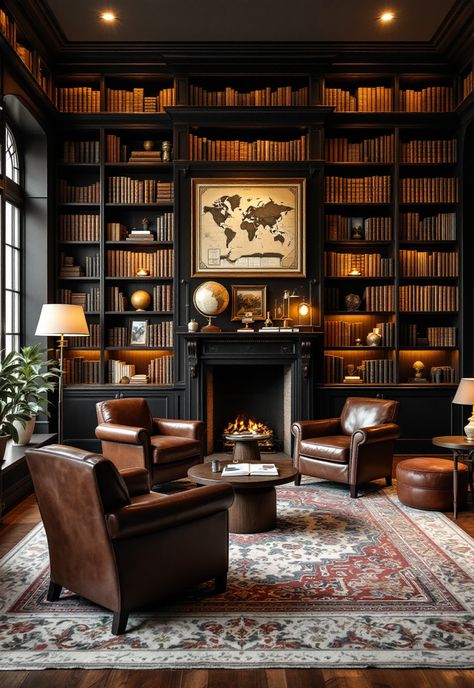 Old Money Living Room Old School Study Room, Comfortable Sitting Room Ideas, Office Whiskey Room, Dark And Moody Home Library, Old English Library Aesthetic, Men’s Library, Home Library Sofa, Library Whiskey Room, Fireplace Lounge Seating