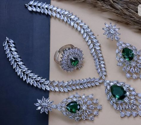 CZ necklace Silver Jewelry Indian Necklace, Silver Jewelry Indian, Necklace Emerald, Beautiful Tiaras, Silver Jewellery Indian, Necklace Indian, Emerald Wedding, Indian Necklace, Ring Earring