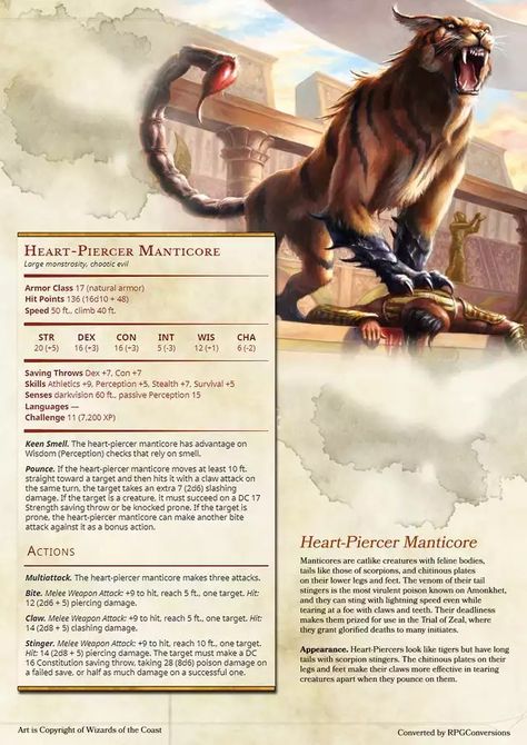 Manticore Dnd 5e, Mtg Dnd Homebrew, Dnd Manticore, D&d Stat Blocks, D&d Mounts, D&d Enemies, D D Homebrew Monsters, D&d Familiars, D&d Beasts