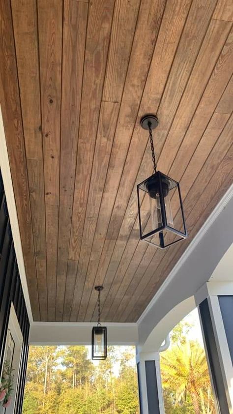 Stained Patio Ceiling, Porch Ceiling Wood Planks, Front Porch Ceilings Ideas, Wood Outdoor Ceiling, Screened In Porch Wood Ceiling, Wood Deck Ceiling, Covered Patio Ceiling Ideas Wood, Outside Ceiling Ideas, Wood Ceiling Outdoor Patio