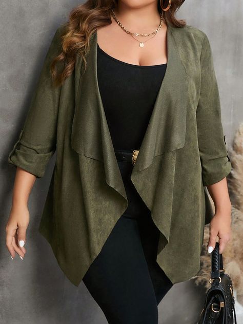 Plus Size Waterfall Collar Roll Tab Sleeve Open Front Coat Olive Green Casual  Long Sleeve Woven Fabric Plain Other Non-Stretch  Women Plus Clothing, size features are:Bust: ,Length: ,Sleeve Length: Plus Size Going Out Outfits, Plus Size Business Attire, Casual Outfits Plus Size, Casual Plus Size Outfits, Outfits Gorditas, Plus Size Winter Outfits, Plus Size Looks, Maxi Outfits, Business Casual Outfits For Work