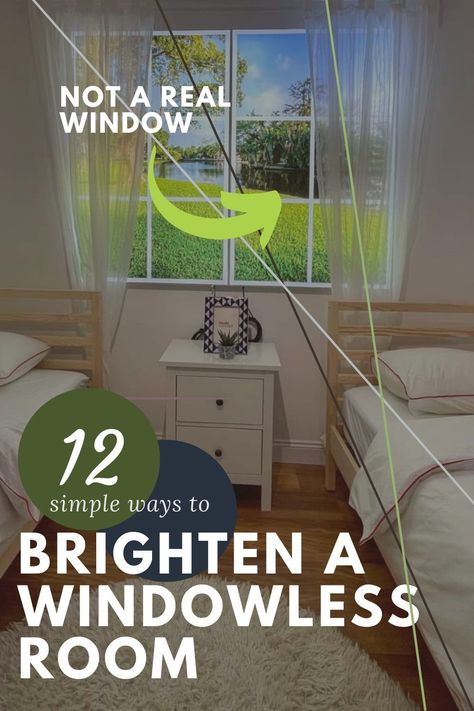 Creating Light In Windowless Room, Making A Dark Room Look Brighter, How To Brighten Up A Dark Bedroom, Brighten A Room With No Windows, Decorating A Room With No Windows, Brightening A Dark Room, Windowless Room Decor, Lighting For Windowless Room, Diy Faux Window Light