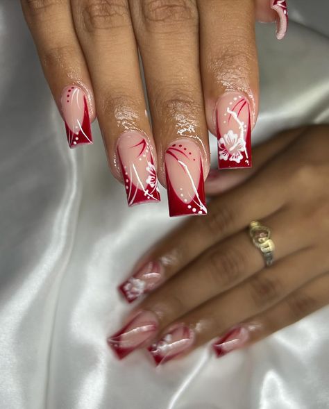 Red And White Hibiscus Nails, How To Paint A Hibiscus Flower On Nails, Hibiscus Flower Nail Designs, How To Do Hibiscus Flower Nails, Red Hawaiian Nails, Hot Pink Hibiscus Nails, Red Hibiscus Flower Nails, Cheetah Hibiscus Nails, Red And Pink French Tip