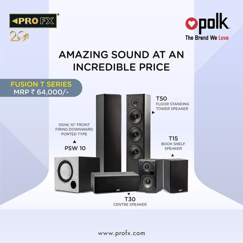 Home Audio Gets an Affordable Upgrade Whether you're watching your favourite show or movie, or just pushed play to mellow out with music, the T Series is performance tuned to truly amaze. Great sound paired with affordability never sounded this awesome! Order Now:- https://profx.com/fusion-t-series/ #polk #tseries #fusiontseries #greatsound #affordableprice #hometheatresystem #profx Speaker Ads Design, Speaker Creative Ads, Pamplet Design, Home Cinema Speakers, Ad Layout, Speaker Box Design, Tower Speakers, Product Placement, Sound Systems