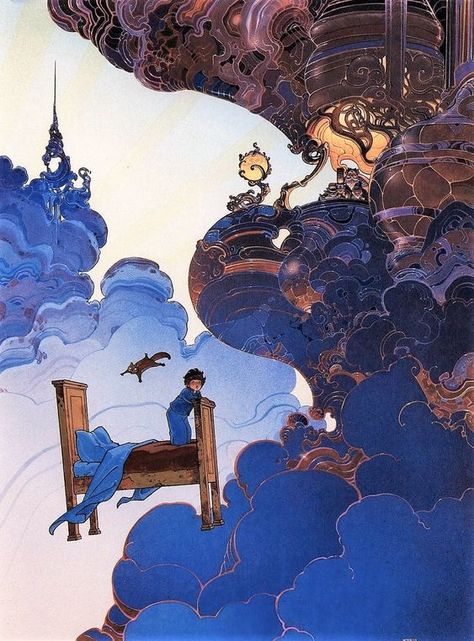 Moebius' concept art for Hayao Miyazaki’s unrealized animated version of ‘Little Nemo in Slumberland’ (1980s) Science Fiction Art, Jean Giraud Moebius, Little Nemo In Slumberland, Moebius Art, Alien 1979, Jean Giraud, Environment Props, Fantasy Art Landscapes, Fun Comics