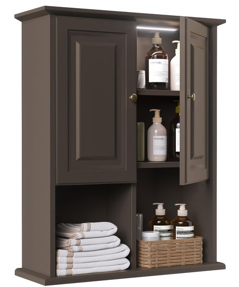 PRICES MAY VARY. A Perfect Match - HAIOOU bathroom wall cabinet includes a motion sensor LED light kit, of which the motion sensor function and the 20s no movement auto-off feature make it a perfect match with the medicine cabinet. Once you open the doors, the LED light begins to work shining the compartment and help you quickly, accurately reach your needed personal care items and medications Store, store, store! - With the overall dimension of 23.62 x 8.27 x 29.53 inches and 3 layer of storage Powder Room Cabinets, Bathroom Wall Cabinet Above Toilet, Small Bathroom Cabinet Ideas, Above Toilet Cabinet, Water Closet Makeover, Wall Mounted Cupboard, Cabinet Over Toilet, Over Toilet Storage Cabinet, Bathroom Tower