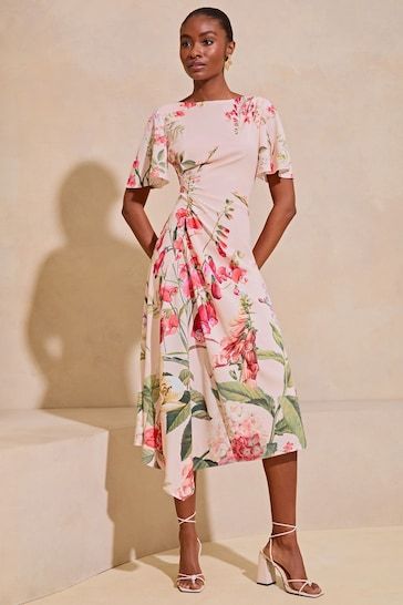 Flowery Dress Casual, Flowery Dresses, Floral Outfit, Elegant Dresses For Women, 50s Dresses, Asymmetrical Skirt, Sleeve Midi Dress, Midi Dress With Sleeves, Asymmetric Hem