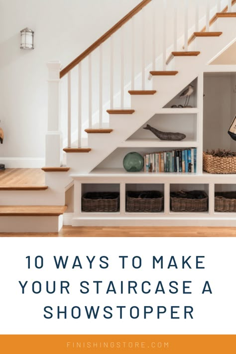 A staircase can be so much more than a way to get from A to B. Whether you need additional storage or want to open (or divide) a space with a gorgeous structural element, a thoughtfully-designed staircase can easily become the star of your home. Here are some ideas to elevate your stairs to the next design level. Under Basement Steps Storage Ideas, Basement Stairs That Turn, Storage In Stairs Steps, Open Under Stairs Storage, Storage Staircase Ideas, Open Staircase Storage, Quarter Turn Staircase Ideas, Home Stairs Design Staircase Ideas Living Rooms, Open Staircase Ideas Living Room Modern