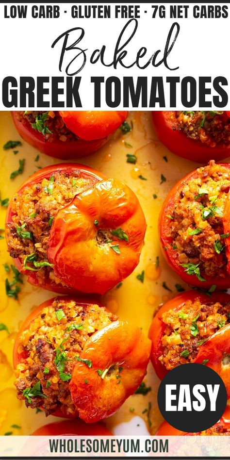 Gemista Recipe, Greek Stuffed Tomatoes, Recipe With Cauliflower, Dinner Cauliflower, Mediterranean Keto, Rice And Meat, Easy Low Carb Dinner, Carb Free Recipes, Tomato Dishes