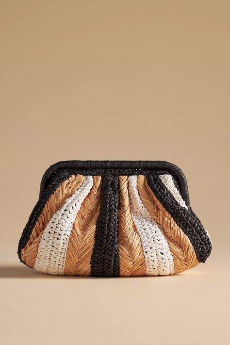 The Frankie Clutch: Striped Raffia Edition | Anthropologie Raffia Crochet, Crochet Bags Purses, Woven Raffia, Beaded Clutch, Knitted Bags, Kimonos, Stylish Accessories, Crochet Bag, Chain Strap