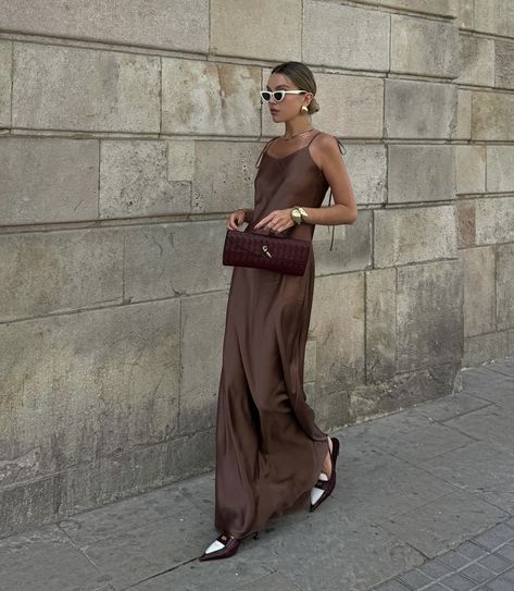 Zara Brown Maxi Dress For Date Night, Chic Brown Maxi Evening Dress, Chic Fitted Brown Slip Dress, Luxury Chic Brown Maxi Dress, Chic Brown Draped Dress, Brown Slip Dress, Date Night Outfit Classy, Slip Dress Outfit, Winter Mode Outfits