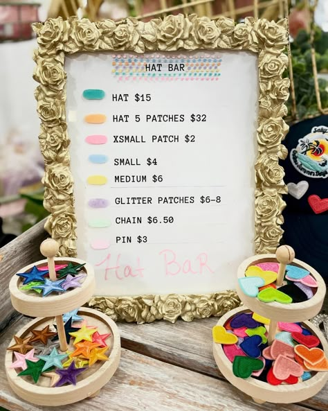 ✨🧢 TRUCKER HAT BAR 🧢✨ Patches size XS-Large, hat chains, & pins are waiting for you to come & create your custom trucker hat with Lily!! We have sequin patches, hippie vibe patches, summer patches, 4th of July and so many more!! A large variety of trucker hat colors too! 👯‍♀️ Grab your girls and go make your custom hat with Lily tomorrow! Open 10am-4pm • 121 West State Street Pendleton, IN 🧢🧢🧢🧢🧢🧢🧢🧢🧢🧢🧢🧢🧢🧢🧢🧢🧢🧢 #hatbar #hat #truckerhat #irononpatches #indiana #indianaboutique #pendletonindi... Trucker Hat Bar Patch Display Ideas, Hat Patches Diy, Hat Bar Display, Trucker Hat Pins, Mobile Hat Bar, Hat Bar Set Up, Hat Bar Party, Trucker Hat Patch Ideas, Hat Bar Display Ideas