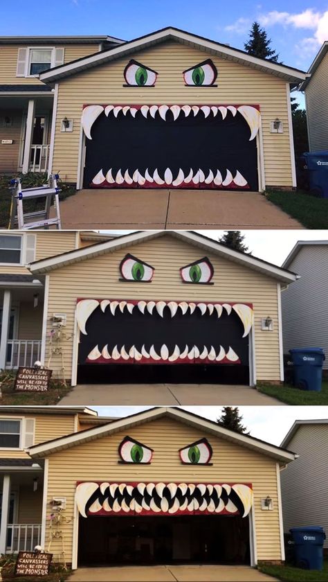 Best Diy Halloween Decorations Outside, Halloween Monster House Decorations, Monster House Decoration Halloween, Monster Garage Door, Halloween Monster Garage Door, Halloween Yard Ideas Diy, Monster Bushes Halloween, Spooky Garage Halloween, Diy Spooky One Decor