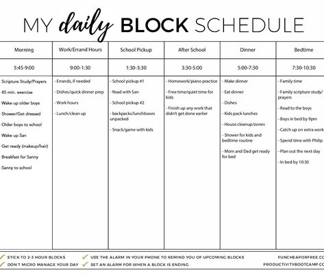 Making A Schedule Daily Routines, Block Scheduling Time Management, Creating A Schedule For Yourself, Study Block Schedule, Sham Schedule, Block Schedule Template Free Printable, Ambleside Online Schedule, Time Blocking Schedule Template, Time Blocking Printable Free