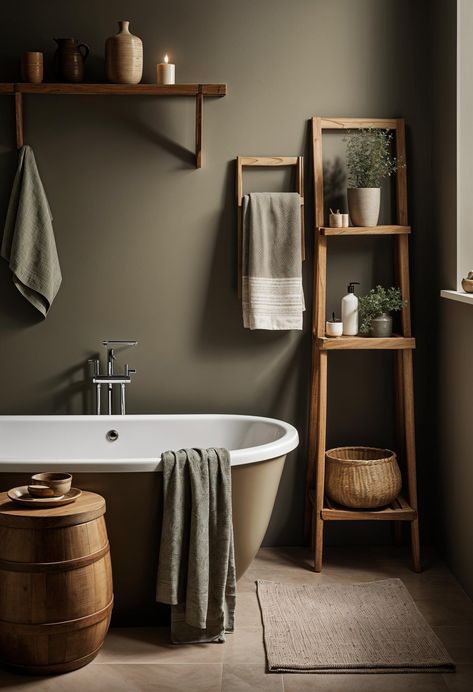 Relaxing Bathroom Color Schemes, One Colour Bathroom, Bathroom With Dark Wood Cabinets, Cinnamon Slate Bathroom, Moody Bathroom Color Schemes, Bathroom Sand Color, Bathroom Colours 2024, Colour Drenching Bathroom, Wall Paint Bathroom