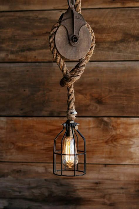 Pulley Pendant Light, Rustic Industrial Lighting, Diy Industrial Lighting, Wood Wheel, Manila Rope, Cage Light, Rustic Pendant Lighting, Industrial Ceiling Lights, Barn Decor