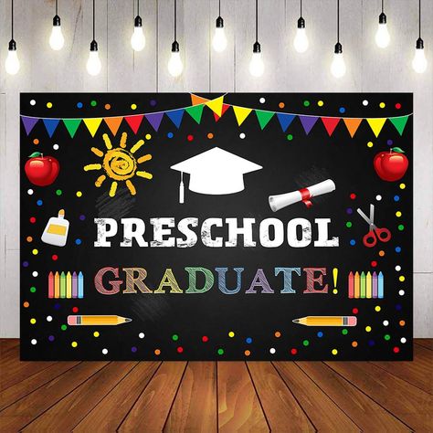 Preschool Graduation Backdrop Ideas, Kindergarten Graduation Backdrop, Preschool Graduation Backdrop, Preschool Chalkboard, Grad Banner, Party Backdrops, Graduation Backdrop, Outdoor Party Decorations, Preschool Graduation