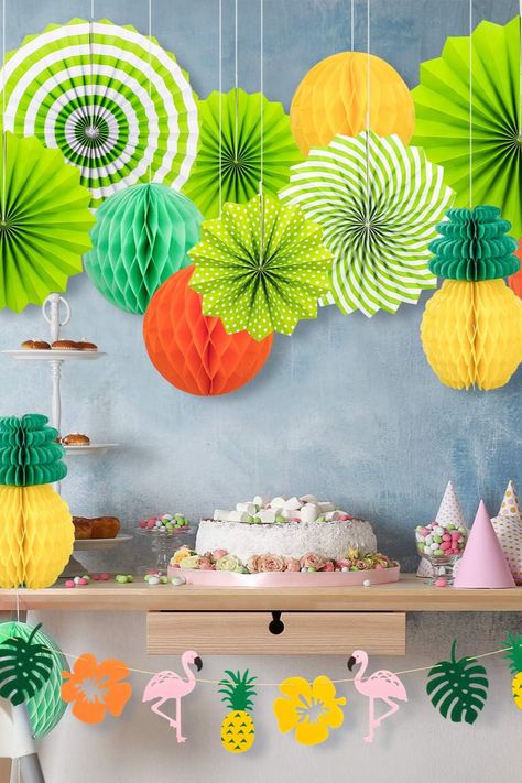 ransform your summer gatherings with our Summer Hawaiian Party Decoration Set! This vibrant collection features a flamingo tropical theme garland banner, pineapple tissue honeycomb balls, and hanging paper fans. Whether it's a luau, beach party, birthday bash, or wedding celebration, these colorful decorations will add a tropical touch to any event. Hang them indoors or outdoors to create a festive atmosphere that captures the spirit of summer fun. Outdoor Events Decor, Wedding Photo Backdrop, Colorful Decorations, Hawaiian Party Decorations, Flamingo Flower, Tissue Pom Poms, Flamingo Tropical, Photo Backdrop Wedding, Pool Party Decorations