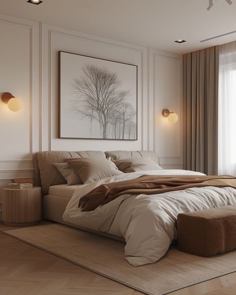 On Day 6 of our 15-day Trendy Material challenge, we highlight Decorative Panelling Mould for bedroom design. This elegant material adds depth and sophistication, perfect for creating stunning accent walls, headboard features, or ceiling details. With intricate designs and easy installation, decorative panelling moulds bring a classic yet modern touch, transforming your bedroom into a stylish retreat. Join us as we continue exploring more innovative materials! Bedroom Headboard Paneling, Panelling Behind Headboard, Panelling Design Wall Bedroom, Mdf Panelling Wall Master Bedrooms, Panel Wall Behind Bed, Bedroom Ideas With Paneling, Types Of Paneling For Walls, Beige Panelling Bedroom, Recessed Ceiling Ideas Master Bedrooms