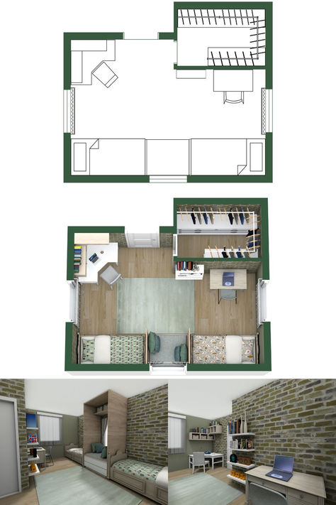 A beige and green 2D and 3D small twin bedroom idea with two single beds, two desks, and a closet. Twin Sharing Bedroom Ideas, Small Twin Bedroom Ideas Layout, Small Twin Bedroom, Twin Bedroom Idea, Sharing Bedroom Ideas, Twin Bedroom Layout, Sharing Bedroom, Bedroom Layout, Shared Bedroom