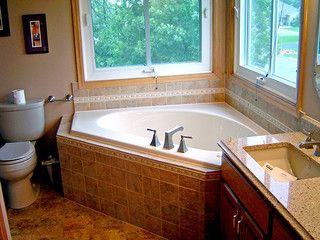 75 Corner Bathtub Ideas You'll Love - July, 2024 | Houzz Jacuzzi Bathtub Master Bath, Corner Tub Update, Bathrooms With Corner Baths, Two Person Jacuzzi Tub Bathroom, Replacing Corner Tub Master Bath, Bathroom With Corner Windows, Corner Soaker Tub Ideas, Mobile Home Corner Tub Makeover, Jet Tub Surround Ideas