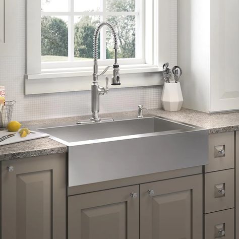 KOHLER Vault Farmhouse Apron Front 35.75-in x 24.31-in Stainless Steel Single Bowl 4-Hole Kitchen Sink in the Kitchen Sinks department at Lowes.com Single Basin Sink Kitchen, Stainless Apron Sink Kitchen, Xl Kitchen Sink, Stainless Farm Sink, Large Kitchen Sink Ideas, Apron Sink Farmhouse, Farmers Sink Kitchen, Modern Farmhouse Kitchen Sink, Farmhouse Kitchen Sink Ideas