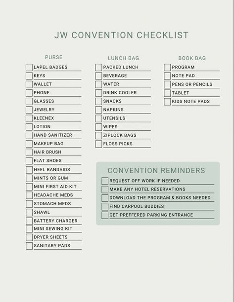 Make sure you have everything ready for the upcoming regional convention of Jehovah’s Witnesses. JW checklist! Jw Ministry Ideas Public Witnessing, Jw Assembly Lunch Ideas, Jw Go Bag List, Convention Lunch Ideas Jw, Jw Presentations, Jw Outfits Convention, Jw Goals, Jw Personal Study Ideas Jehovah Witness, Jw Convention Outfits