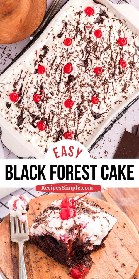 This Easy Black Forest Cake recipe is a poke cake that's simple to make and has all the classic flavors of chocolate, cherries, and whipped cream. Delicious cake recipe for any occasion! Square Black Forest Cake, Black Forest Sheet Cake Recipe, Black Forest Sheet Cake, Blackforest Cake Recipes Easy, Black Forest Torte Recipe, Black Forest Poke Cake, Dump Cake Crockpot, Easy Black Forest Cake, Black Forest Cherry Cake