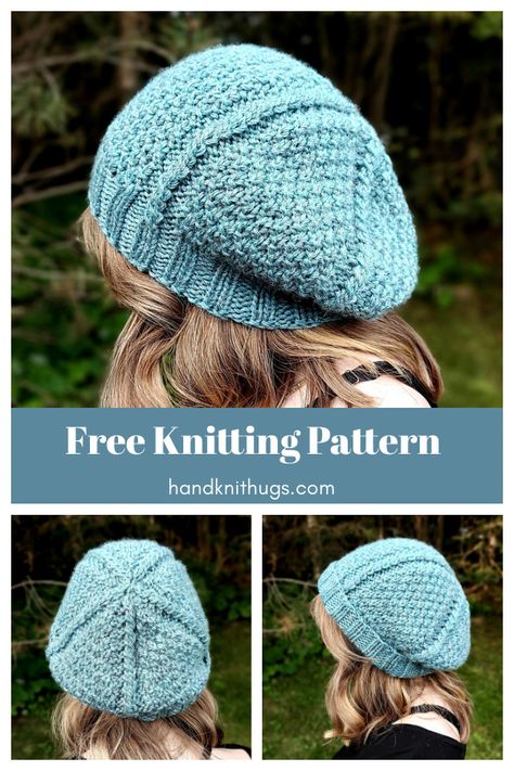 Knitted Slouch Hats Free Patterns, Knit Beanies Womens, Knitted Tams Free Pattern, Knitted Beret Patterns Free Women, Free Knitted Hat Patterns For Women, Easy Beanie Knitting Patterns Free, Beret Knitting Pattern Free, Womens Beret, Knit Gifts