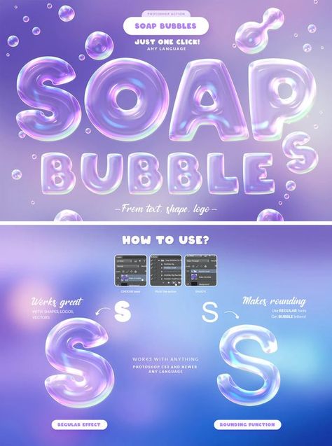 Soap Bubbles Photoshop Action Fonts In Canva Aesthetic, Bubble Effect Photoshop, Bubble Letters Illustrator, Bubbly Font Canva, Photoshop Aesthetic Ideas, Logo With Character Design, Bubble Poster Design, Bubble Graphic Design Poster, Photoshop Aesthetic Tutorial