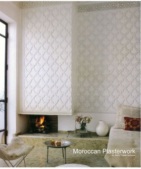 Textured Fireplace Morrocon Interiors Tiles, Morrocon Interiors, Moroccan Tile Fireplace, Moroccan Plaster, Islamic Interior Design, House Fireplace, Wood Lattice, Tile Moroccan, Tiles Living Room