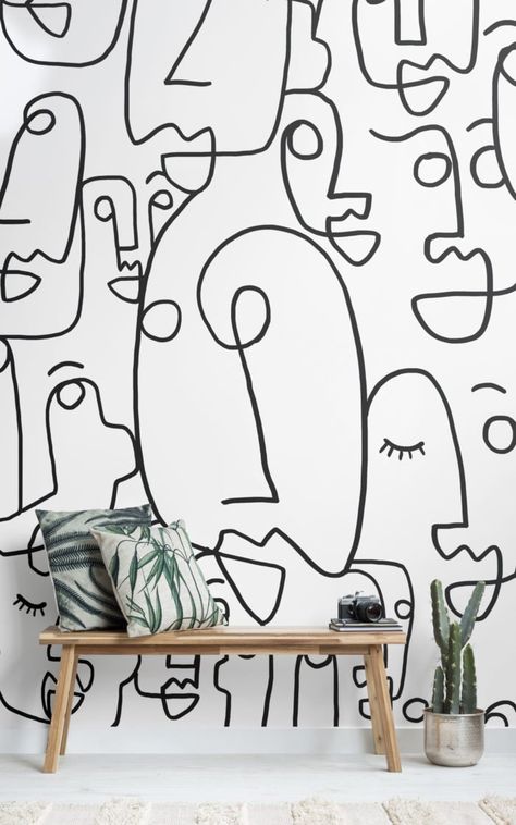 Line Drawing Wallpaper, Boho Chic Interior, Scandinavian Dining Room, Interior Murals, Face Line Drawing, Dekorasi Kamar Tidur, Drawing Wallpaper, Wallpaper Bedroom, New Wall