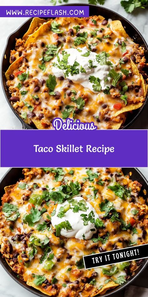 Looking for a quick and delicious dinner idea that the whole family will love? This Taco Skillet Recipe brings all the flavors of tacos into one easy dish! Perfect for busy weeknights, save this recipe for a hassle-free meal that satisfies cravings and keeps everyone happy. Easy Taco Skillet Dinner, Cheesy Taco Rice Skillet, Taco Meat Dinner Ideas, Taco Dishes Ground Beef, Recipes With Taco Meat, Nacho Skillet, Ground Beef Mexican Recipes, Mexican Skillet Dinner, Smash Tacos Recipe