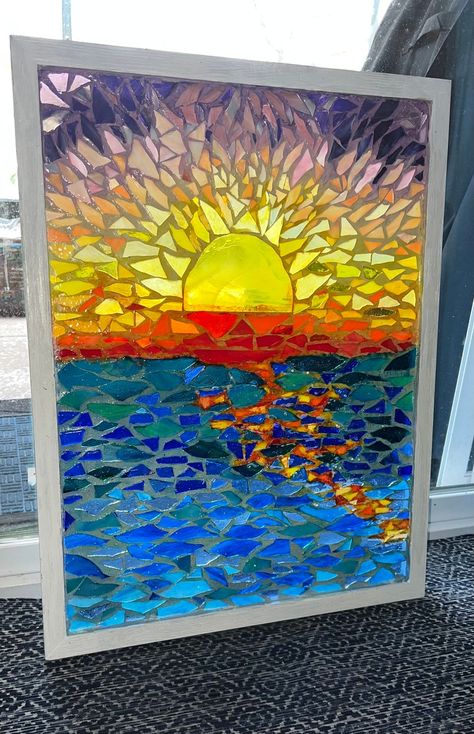 Stained Glass Mosaic Window: Rising Sun Stained Glass Panel - Etsy Mosaic Sunset Ideas, Sun Stained Glass Window, Mosaic Sunset, Chb Cabins, Stained Glass Mosaic Window, Mosaic Window, Mosaic Windows, Diy Stained Glass Window, Mosaic Art Diy