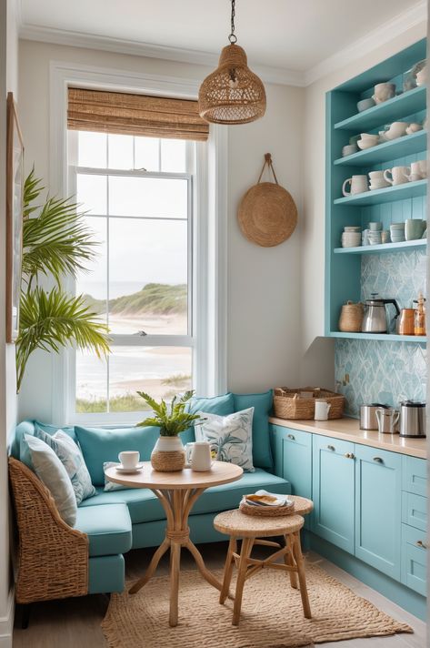 10 Ideas and Inspiration for Coastal Style Coffee Nooks - afullmug.com Coastal Granddaughter House Aesthetic, Cottage Style Home Interior, Beach Cottage Interiors Coastal Style, Colorful Coastal Aesthetic, Coastal Cottage Dining Room, Cafe Style Dining Room, Coastal Cottage Aesthetic, Coastal Grandma Kitchen, Blue Home Aesthetic