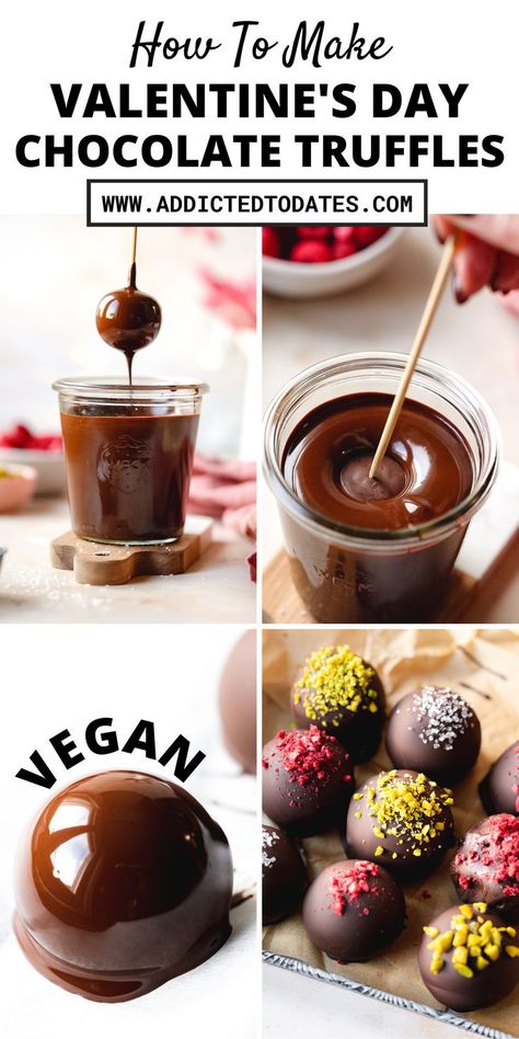 steps showing how to make chocolate truffles. Vegan Valentines, Chocolate Valentines, Vegan Chocolate Truffles, Valentines Chocolate, Candy Bar Recipe, Vegan Truffles, Vegan White Chocolate, Freeze Dried Raspberries, Valentines Day Chocolates