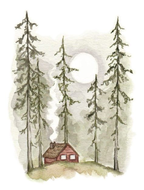 Woods Illustration, Cabin Woods, Home Watercolor, Wood Illustration, Diy Watercolor Painting, Art Carte, Cat Air, A Cabin, Log Home