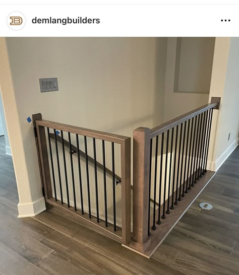 Small Stair Banister Ideas, Banister To Basement, Half Wall Stair Railing Ideas, Stairway With Half Wall, Open Staircase To Attic, Upstairs Hallway Railing, Modern Rustic Stair Railing, Basement Railing Ideas Half Walls, Staircase Half Wall Ideas