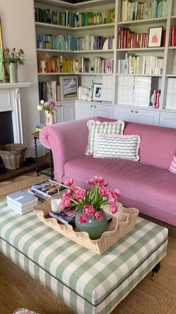 Gingham Footstool, Gingham Sofa, Gingham Couch, Gingham Fashion, Pink Sofa, Gingham Check, Home Library, Kitchen Living, Little Houses