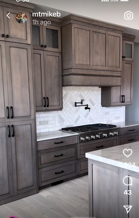 Granite For Dark Cabinets, Medium Dark Kitchen Cabinets, Stained Grey Kitchen Cabinets, White And Brown Farmhouse Kitchen, Grey Stain Kitchen Cabinets, Kitchen Cabinets Stained Wood Colors, Solid Kitchen Backsplash, Cabinet Stains Kitchen Colors, New House Kitchen Ideas