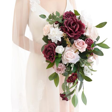 PRICES MAY VARY. Package: An 11" bride bouquet with 3 ribbons wrapped on a card. The bouquet is approx. 11" wide by 13" tall (includes greenery), and 3.25ft long, with white, dusty rose, and blush chiffon ribbons. Material: Made of high-quality silk/foam flowers and silk greenery. Silk flowers include blush Vendela rose, blush lifelike rose, marsala ranunculus, and marsala Dandelion; Foam flowers include white rosebud, marsala rosebud, white rose, marsala rose, blush rose, white Gardenia, marsal Marsala Wedding Bouquet, Tossing Bouquet, Red Rose Bouquet Wedding, Bouquets For Wedding, Blush Wedding Centerpieces, Burgundy Wedding Flowers, Small Bridal Bouquets, Artificial Bridal Bouquets, Burgundy And Blush Wedding