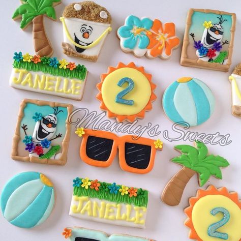 olaf cookies Olaf Summer Birthday Party, Olaf Summer Party, Luau Party Cakes, Olaf Cookies, Hawaiian Cookies, Olaf Summer, Olaf Party, Snow Cookies, Frozen 3