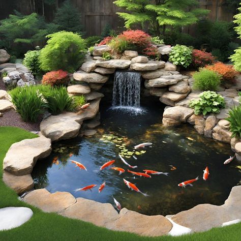 Who wants a koi pond? Call us today for a free consultation and quote at 330-833-FROG (3764) and make your #waterfallwednesday a reality. 35 years of experience! #pond #koi #waterfall Koi Pond Design Ideas, Home Koi Pond, Koi Pond Design Small Gardens, Small Koi Pond Ideas, Pond Waterfall Ideas, Koi Pond Ideas, Koi Pond Backyard, Coy Pond, Yard Pond