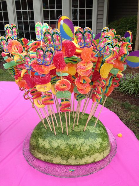 Cute Fruit Kabobs, Cocomelon Snack Ideas, Bad Bunny Pool Party, Candy Skewers Kabobs Ideas, Fruit On Stick Ideas, Tropical Birthday Party Ideas For Kids, 13 Birthday Pool Party Ideas, Tropical Snacks Party Ideas, Summer Party Food For Kids